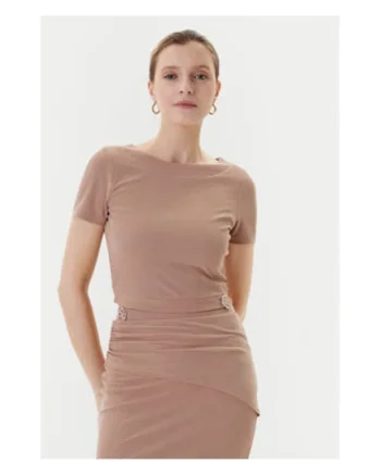 Tricou crop cu decolteu barcuta, Bej