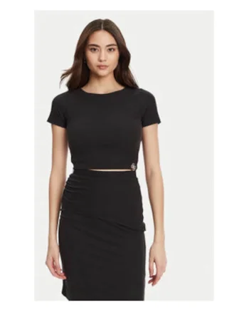 Tricou crop cu decolteu barcuta, Negru