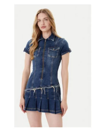 Rochie mini din denim cu pliuri și franjuri