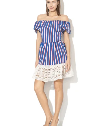 Rochie evazata cu garnitura de dantela sangallo, Rosu/Alb/Albastru