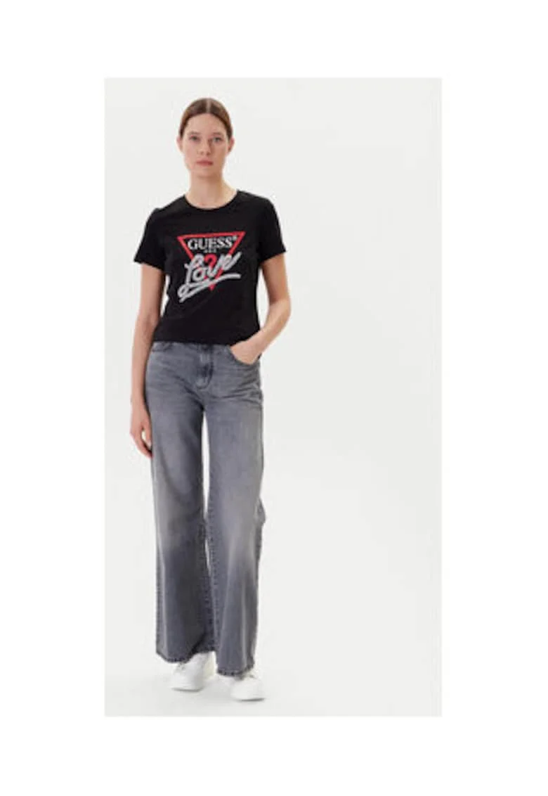 Tricou din amestec de bumbac organic logo si decolteu la baza gatului