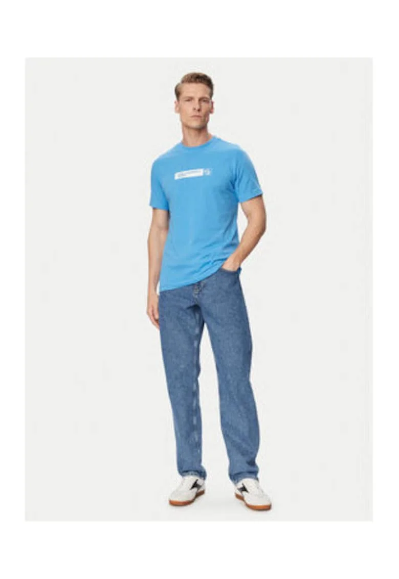 Tricou barbati,  alb si albastru, croiala slim fit, bumbac organic si poliester