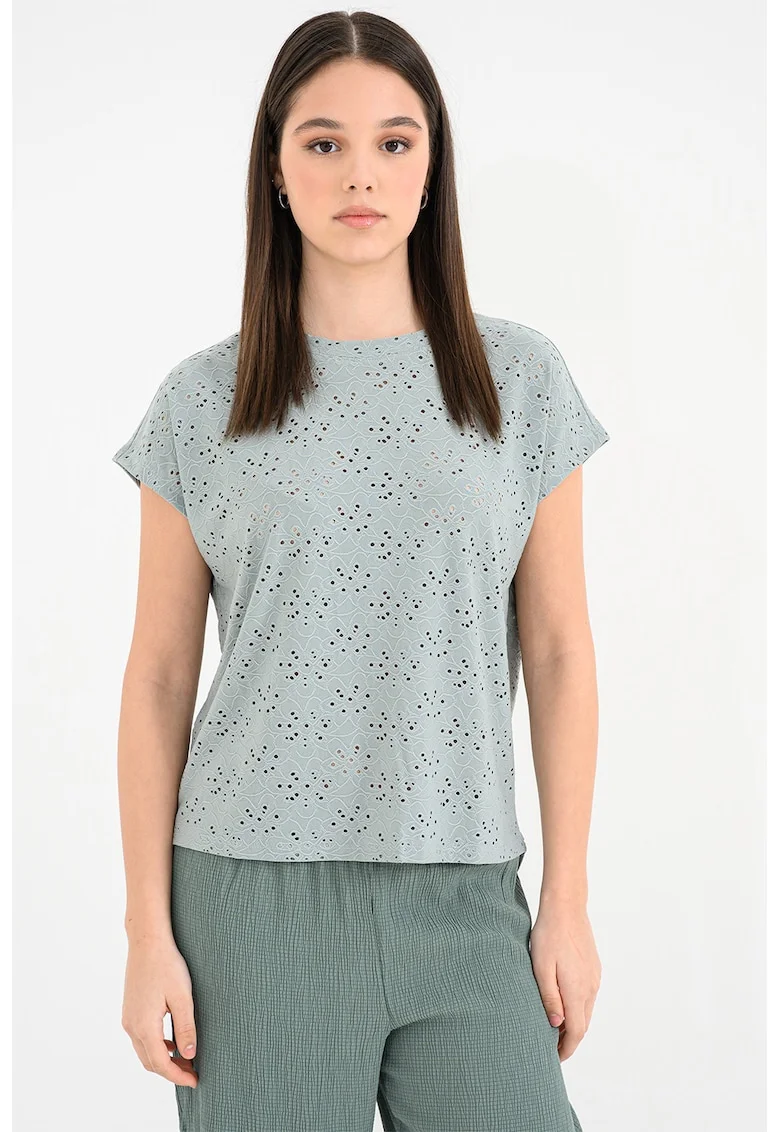 Tricou cu broderie Sangallo Milla, Albastru prafuit