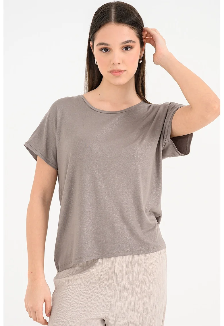 Tricou cu decolteu rotund si aspect stralucitor Carrie, Maro taupe/Argintiu