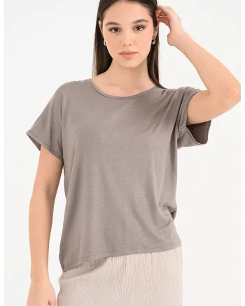 Tricou cu decolteu rotund si aspect stralucitor Carrie, Maro taupe/Argintiu