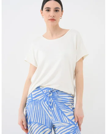 Tricou cu decolteu rotund si aspect stralucitor Carrie, Alb fildes/Argintiu
