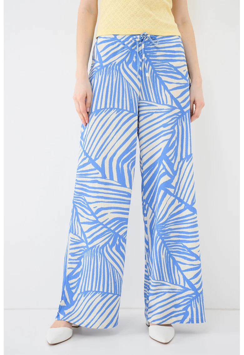 Pantaloni cu croiala ampla si snur, Alb/Albastru deschis