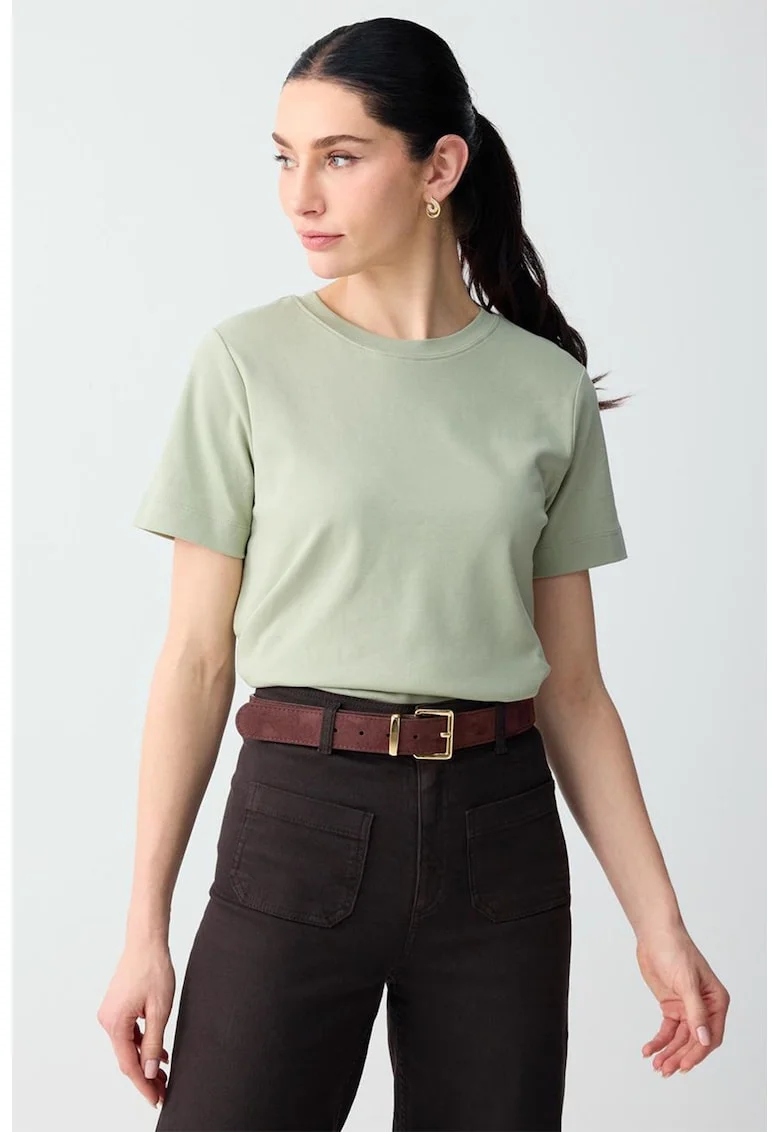 Tricou din bumbac cu decolteu la baza gatului, Verde pal