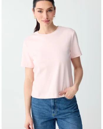 Tricou din bumbac cu decolteu la baza gatului, Roz pastel