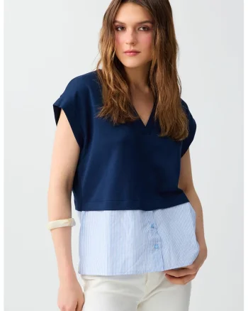 Bluza cu decolteu in V si model petrecut, Albastru pastel/Bleumarin