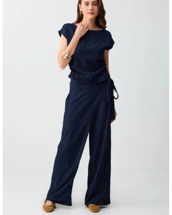 Pantaloni petrecuta cu croiala ampla si dungi, Bleumarin