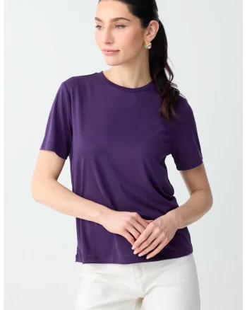 Tricou din amestec de modal cu decolteu la baza gatului, Violet