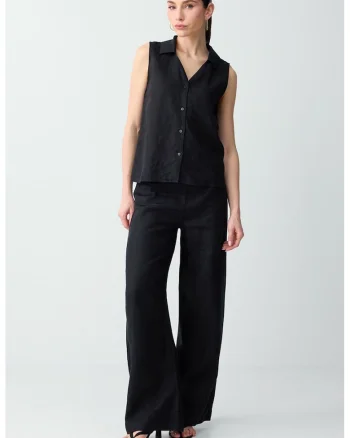 Pantaloni drepti de in cu fermoar lateral, Negru