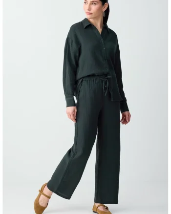 Pantaloni cu croiala ampla si talie ajustabila, Verde englez