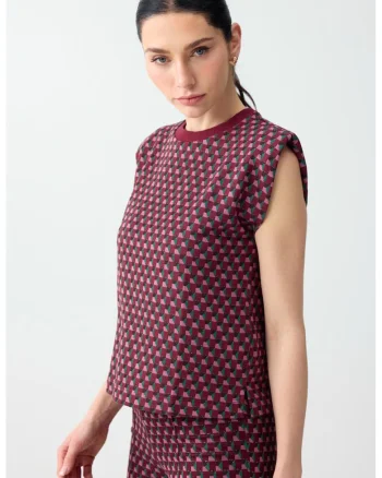 Tricou cu umeri accentuati si model geometric, Rosu/Verde