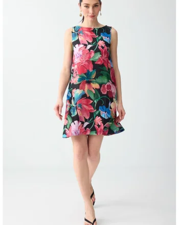 Rochie dreapta cu model floral si decolteu barcuta, Multicolor