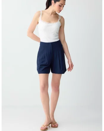 Pantaloni scurti din amestec de in cu pliuri, Bleumarin