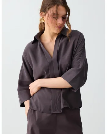 Bluza din amestec de modal cu maneci trei sferturi, Maro