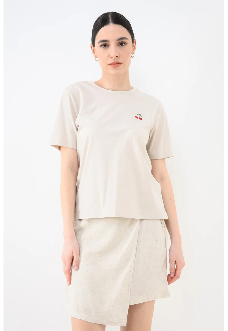 Tricou de bumbac organic cu decolteu la baza gatului, Bej deschis