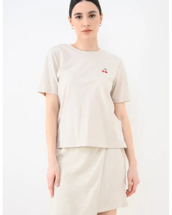 Tricou de bumbac organic cu decolteu la baza gatului, Bej deschis