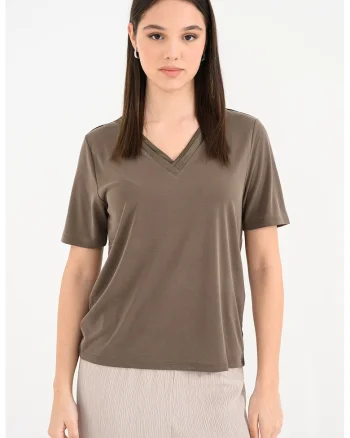 Tricou din amestec de modal cu decolteu in V, Kaki inchis