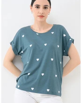 Tricou cu imprimeu cu inimi Moster, Alb/Verde persan