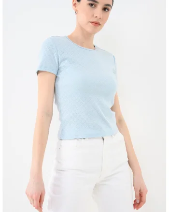 Tricou crop cu imprimeu, Albastru deschis