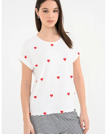 Tricou cu imprimeu cu inimi Moster, Rosu/Alb