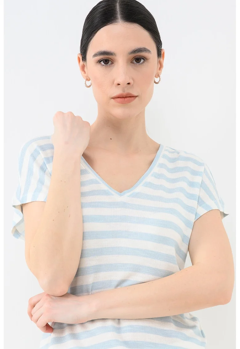 Tricou cu dungi si decolteu in V, Alb/Albastru lavanda