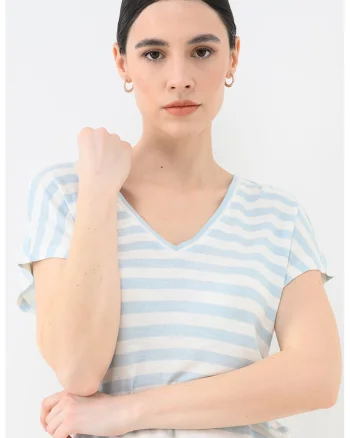 Tricou cu dungi si decolteu in V, Alb/Albastru lavanda