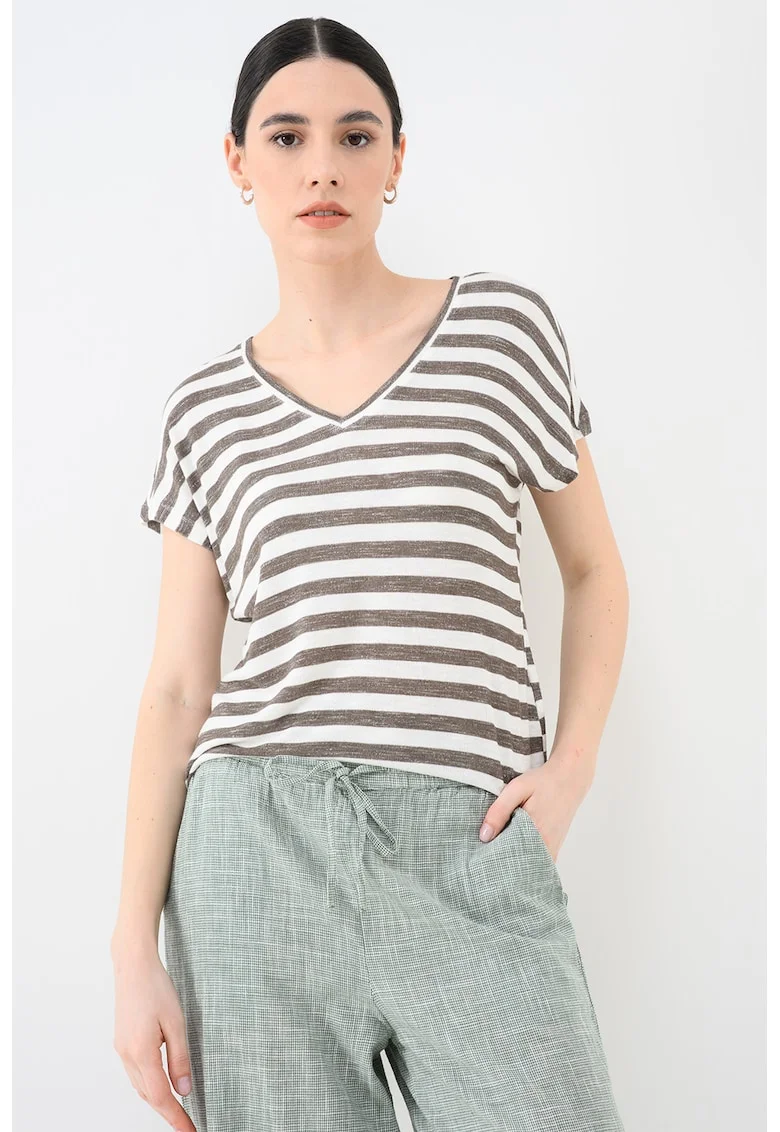 Tricou cu dungi si decolteu in V, Alb/Kaki inchis