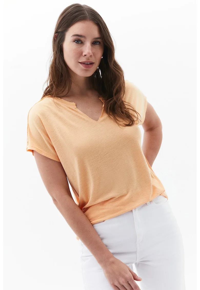 Tricou din amestec de in cu decolteu rotunjit si decupaj in V, Piersica