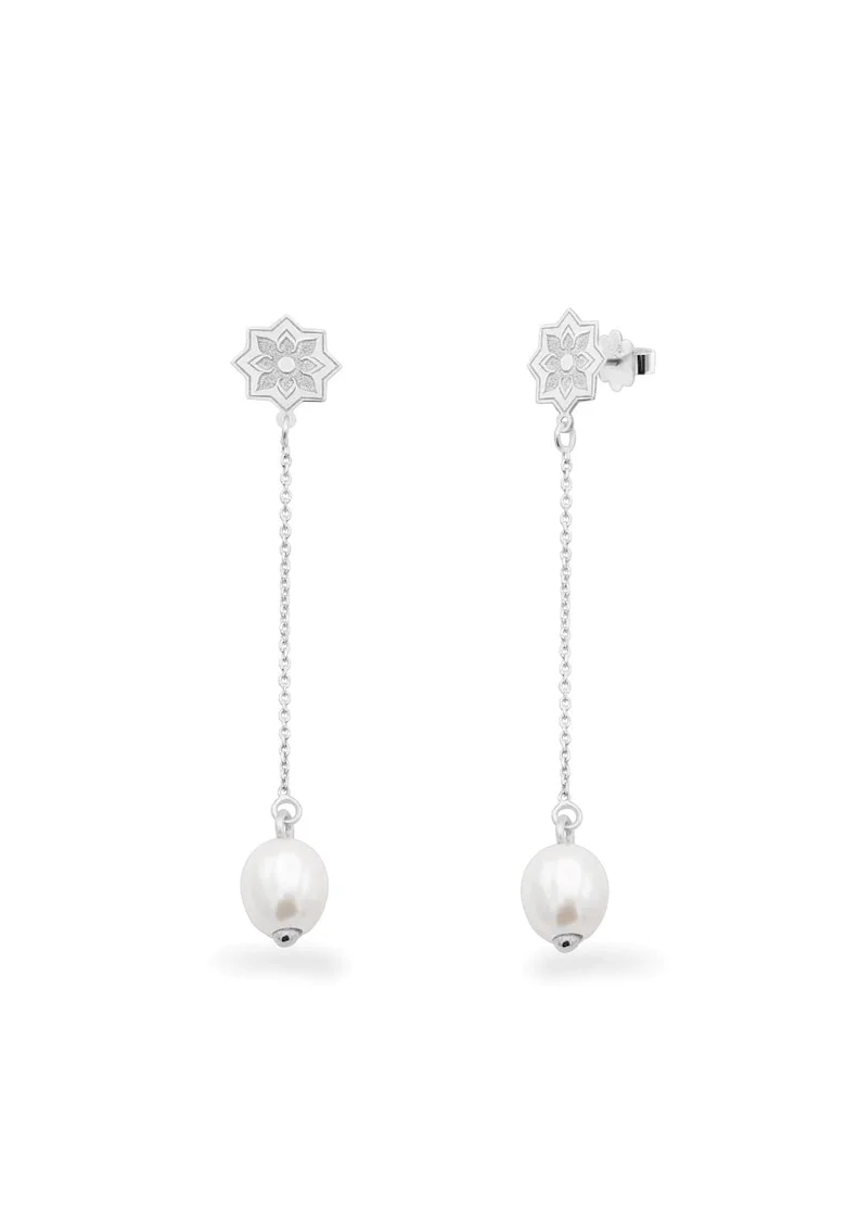 Cercei lungi PEARL OF SAMARKAND, aur alb 14K