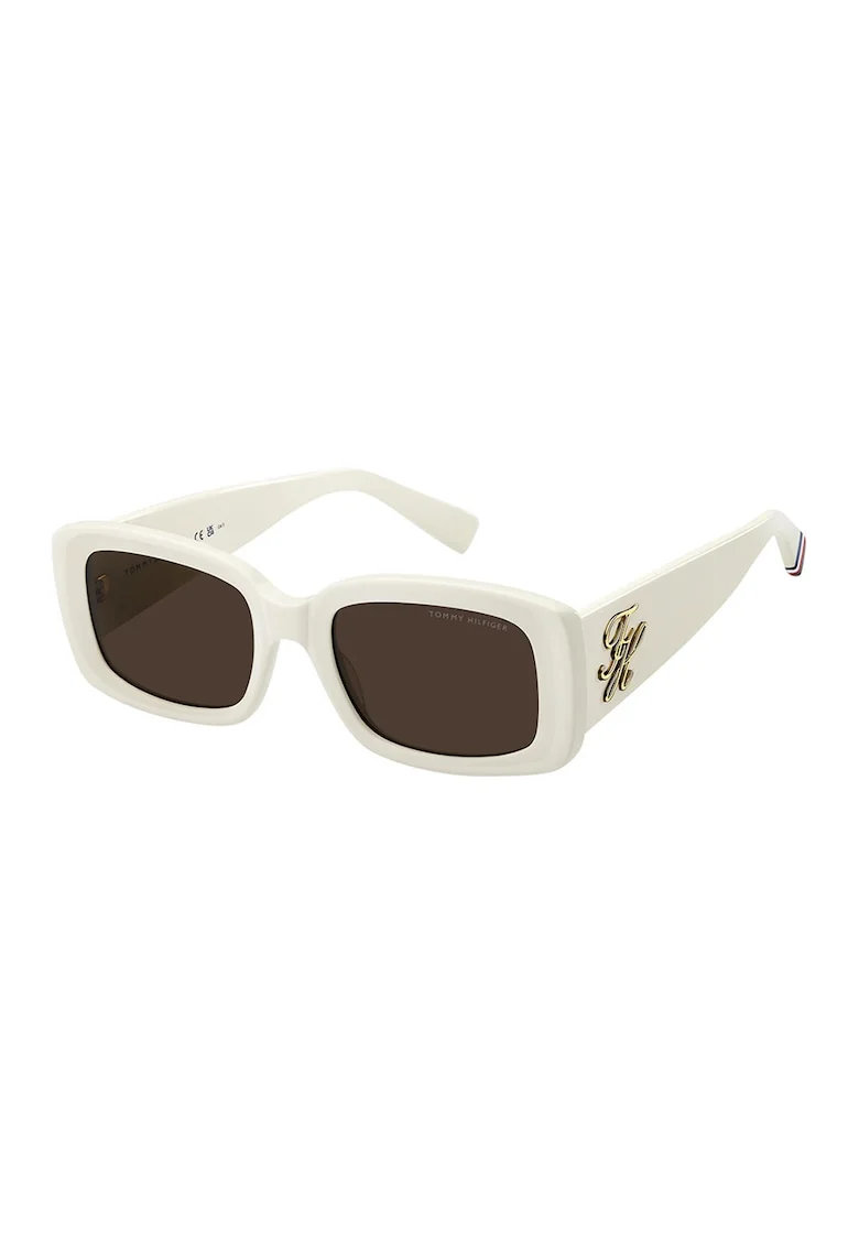 Ochelari de soare dreptunghiulari cu model cu monograma metalica, Alb/Auriu
