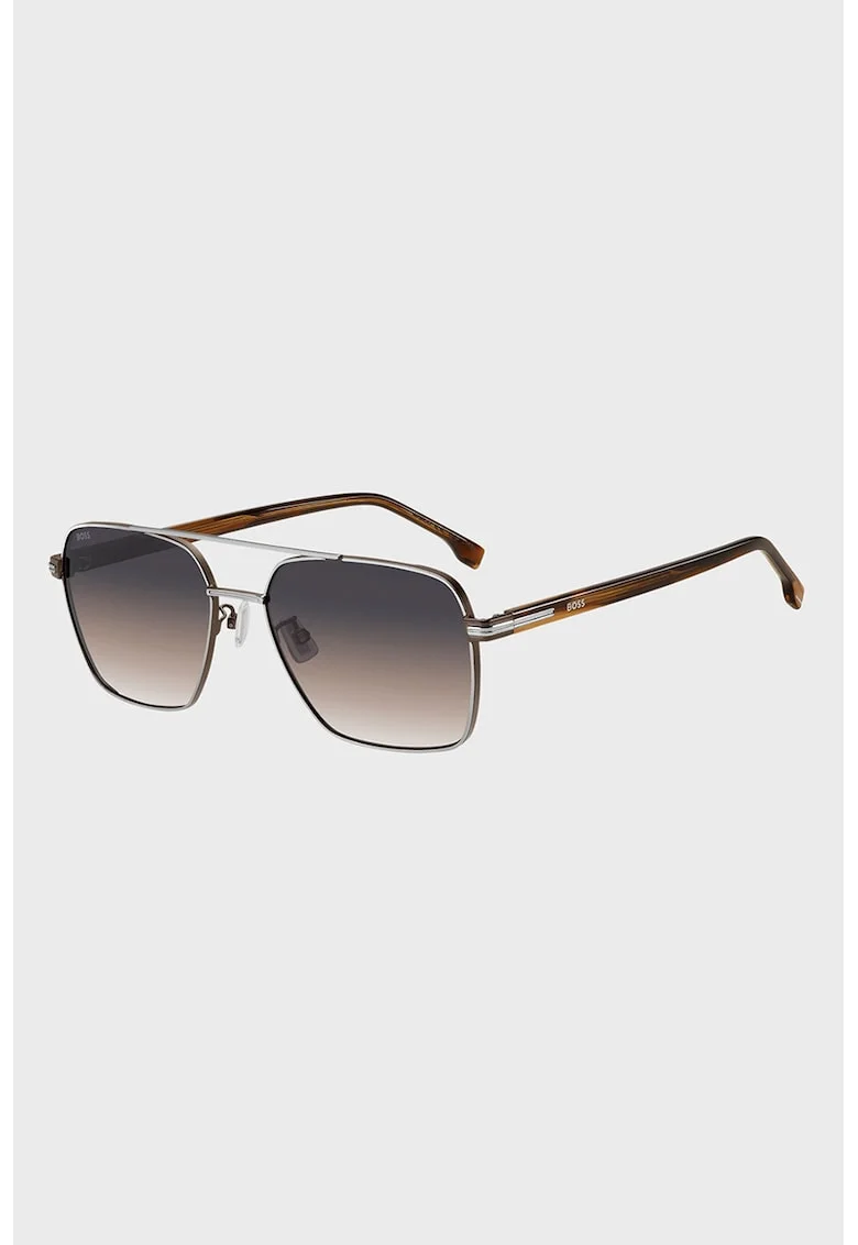 Ochelari de soare aviator cu logo, Negru stins/Maro Siena/Argintiu