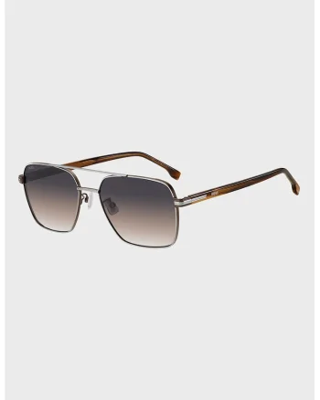 Ochelari de soare aviator cu logo, Negru stins/Maro Siena/Argintiu