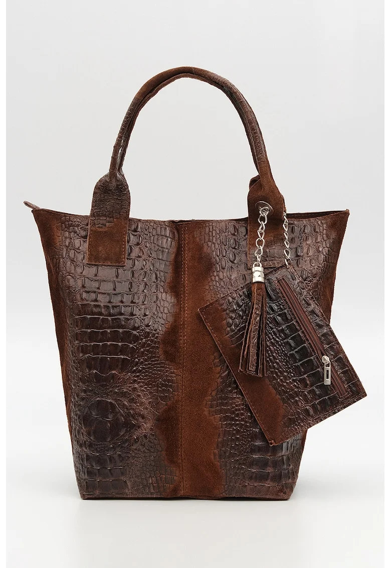 Geanta din piele intoarsa si piele cu aspect de piele de crocodil cu bareta de umar, Maro cognac