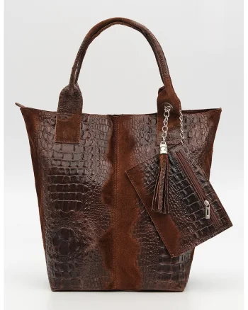 Geanta din piele intoarsa si piele cu aspect de piele de crocodil cu bareta de umar, Maro cognac