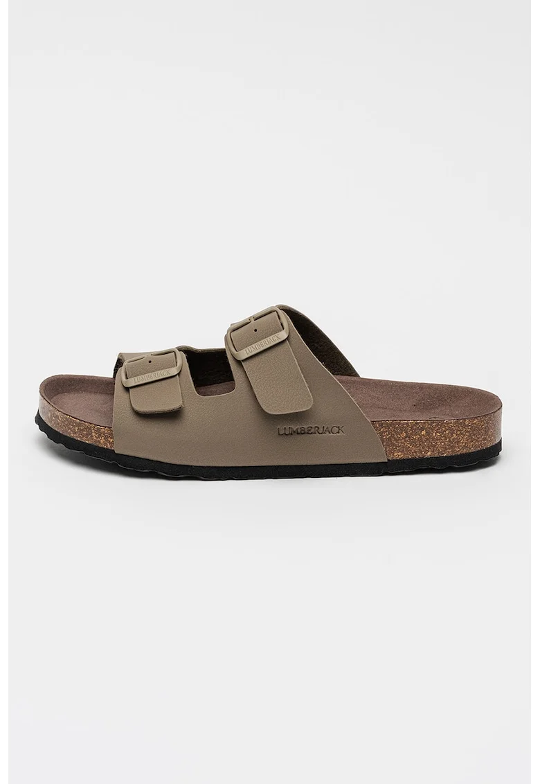 Papuci din piele ecologica cu detaliu logo Flint, Maro taupe deschis