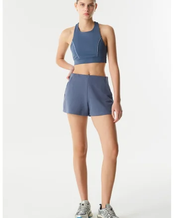 Pantaloni scurti cu talie inalta si buzunare laterale, Albastru stins