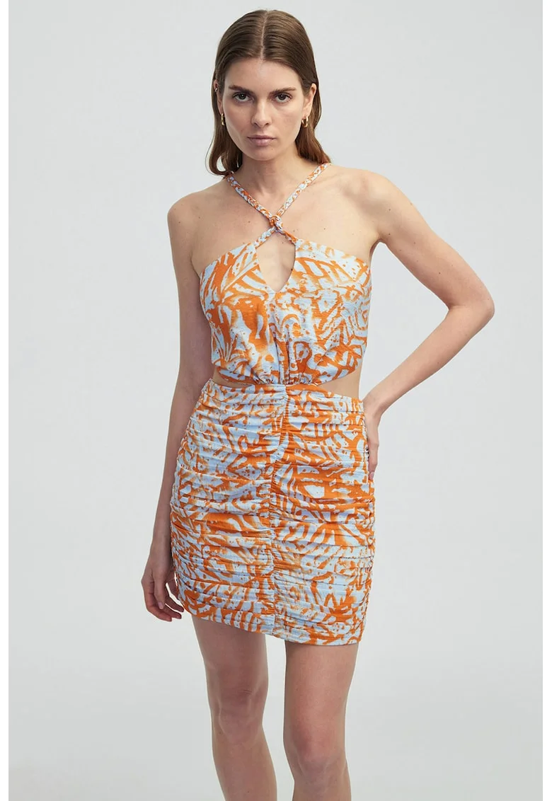 Rochie halter cu imprimeu floral, Portocaliu neon/Albastru pal