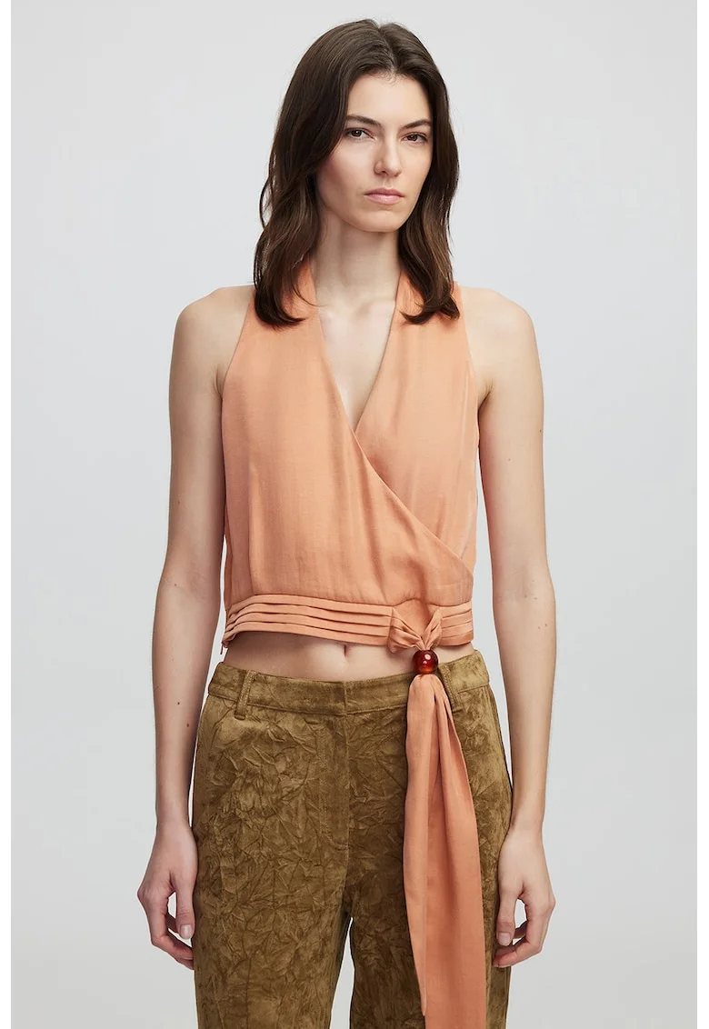 Bluza crop cu decolteu in V, Roz somon