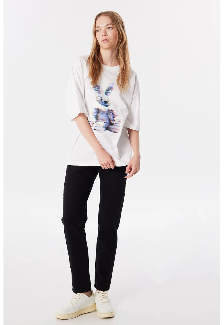 Tricou lejer cu imprimeu grafic, Alb/Albastru stins