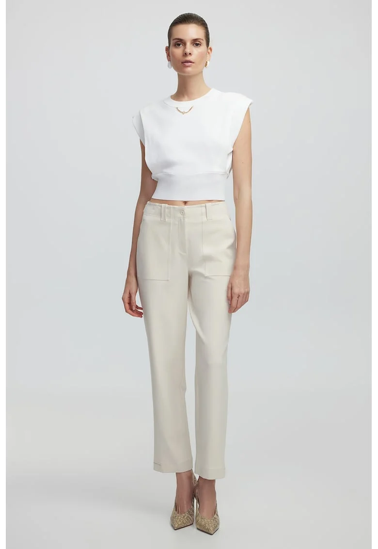 Pantaloni drepti cu talie medie, Alb fildes