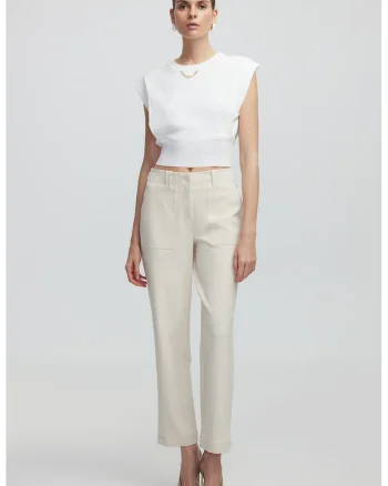 Pantaloni drepti cu talie medie, Alb fildes