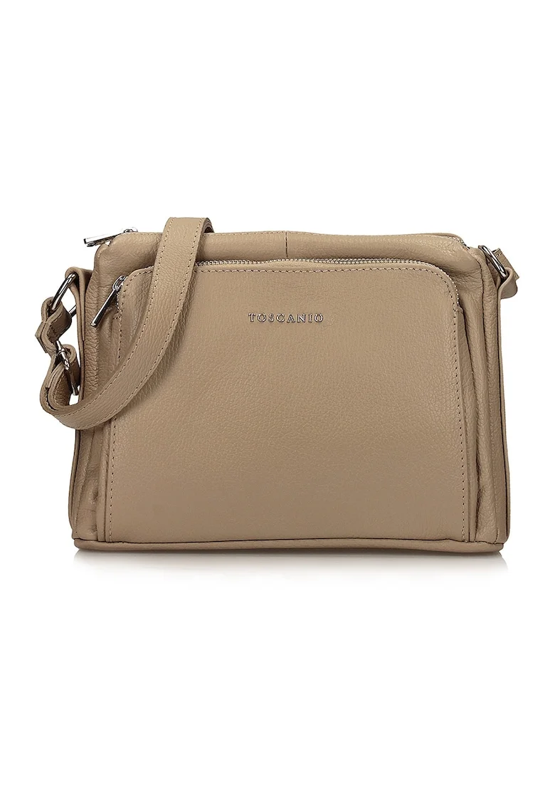 Geanta messenger din piele cu buzunar exterior cu fermoar, Maro camel
