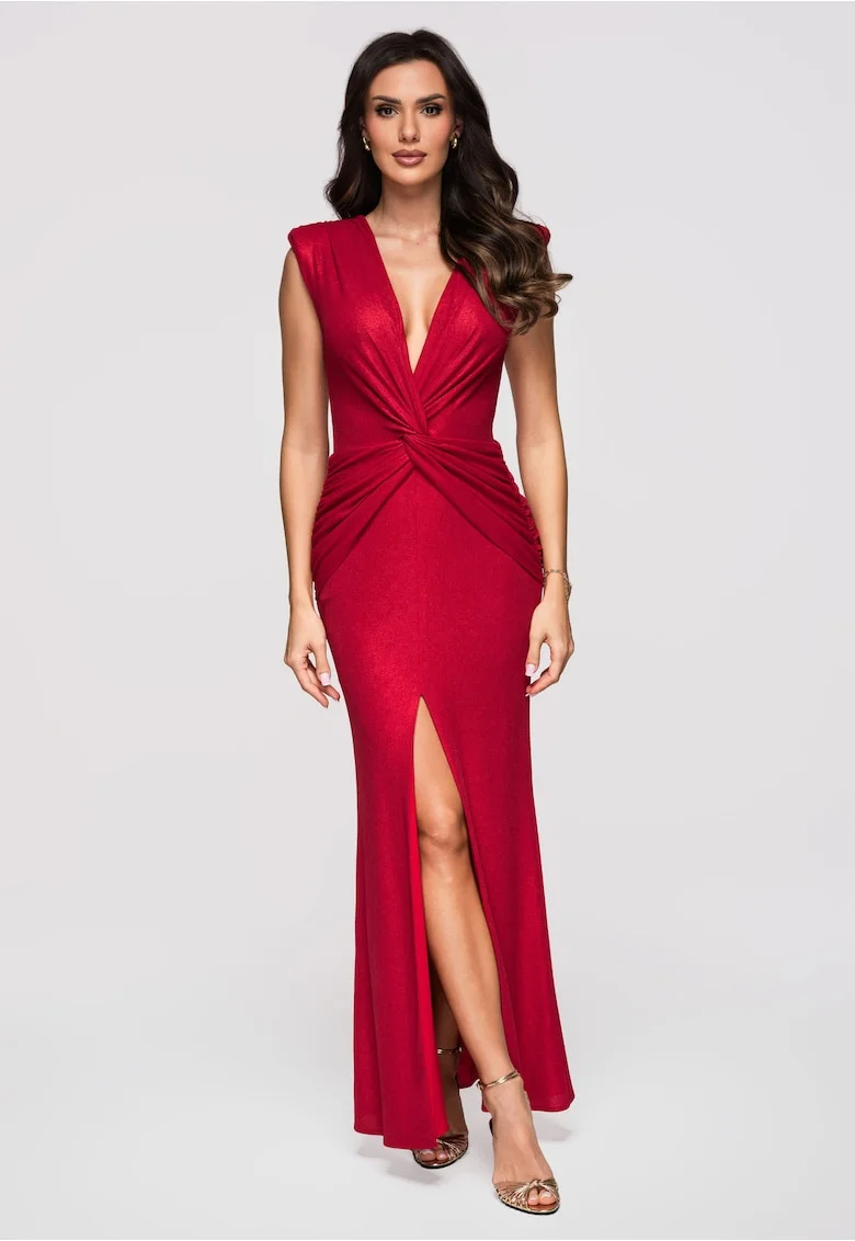 Rochie maxi de seara cu decolteu in V, fara maneci, croi tip coloana LA-OM-DLR373, Rosu