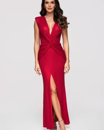 Rochie maxi de seara cu decolteu in V, fara maneci, croi tip coloana LA-OM-DLR373, Rosu