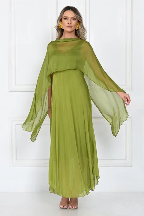 Capa dama din matase si vascoza tip kimono, croi fluid pentru layering, verde olive