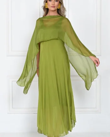 Capa dama din matase si vascoza tip kimono, croi fluid pentru layering, verde olive
